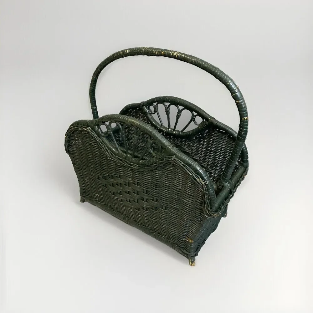 VTG Wicker Magazine Towel Record Storage Basket Green Peacock Shabby Cottage 60s